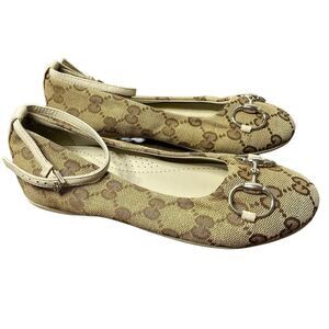 GUCCI Tan Monogram Horsebit Girls Flats 31 / US 13 Logo Ankle Strap
